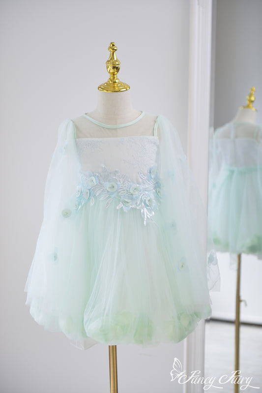 Front view of mint green girls' dress with sheer sleeves, floral embroidery, and petal hem – Fancy Fairy