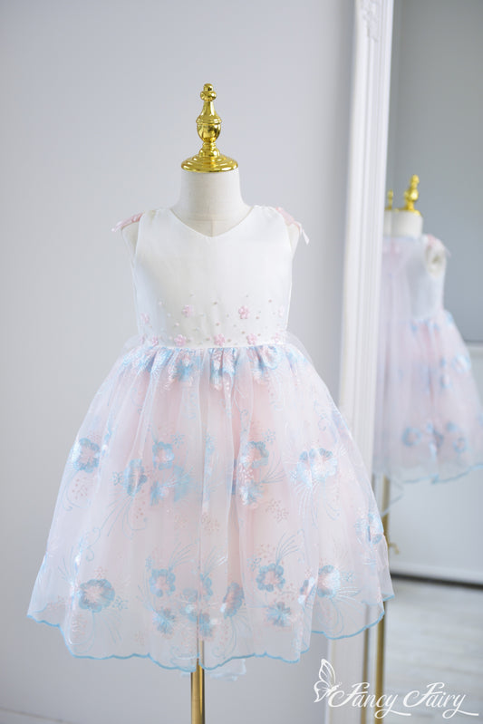 Front view of sleeveless pink and blue girls' dress with floral embroidery and tulle skirt – Fancy Fairy