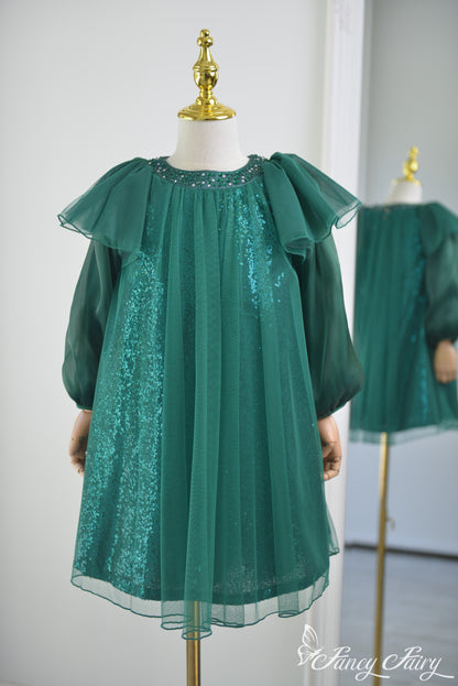 Front view of emerald green sequin girls' dress with flutter sleeves and rhinestone neckline – Fancy Fairy