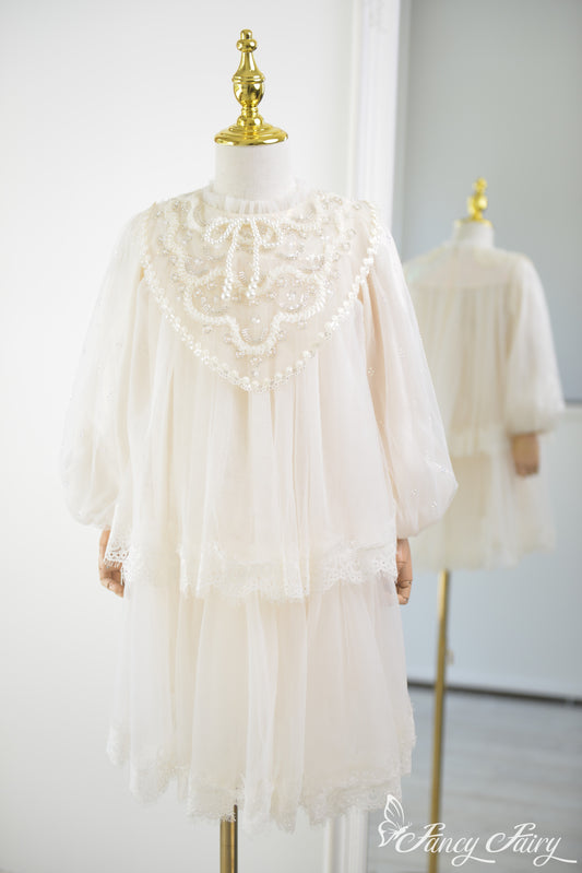 Front view of ivory girls' lace dress with puff sleeves and pearl embroidery – Fancy Fairy