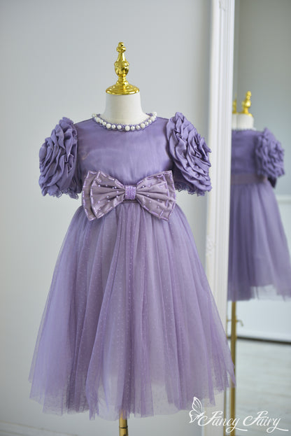 Front view of lavender girls' dress with rose puff sleeves, pearl neckline, and tulle skirt – Fancy Fairy