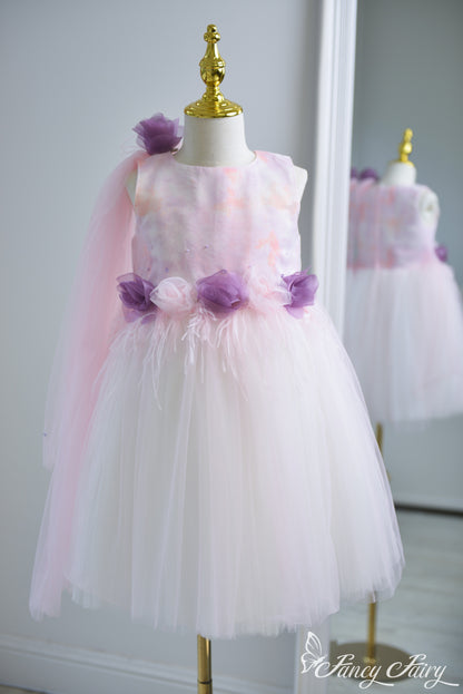 Front view of pink fairy dress with ombre bodice, floral waist, and soft clip-on veil – Fancy Fairy