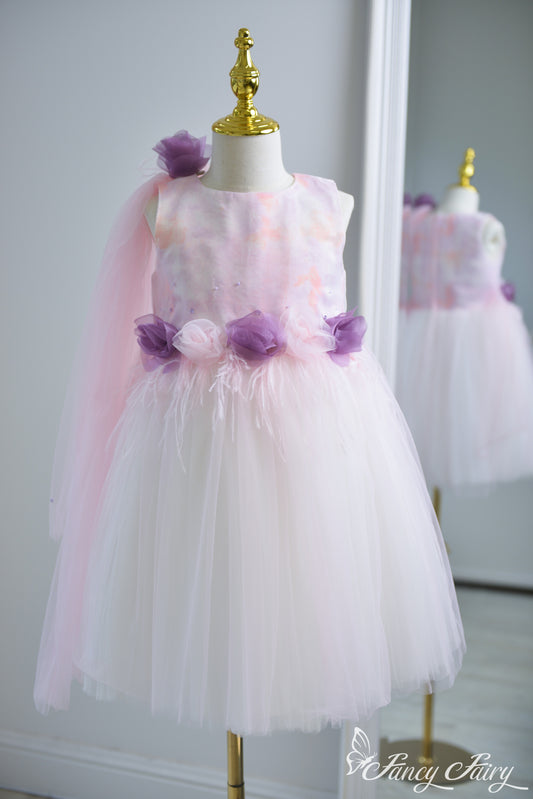 Front view of pink fairy dress with ombre bodice, floral waist, and soft clip-on veil – Fancy Fairy