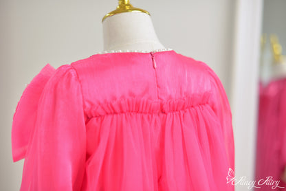 Back view of a bright pink dress showing zipper closure.