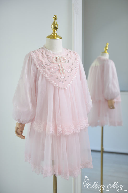 Front view of pink girls' lace dress with puff sleeves and pearl embroidery – Fancy Fairy