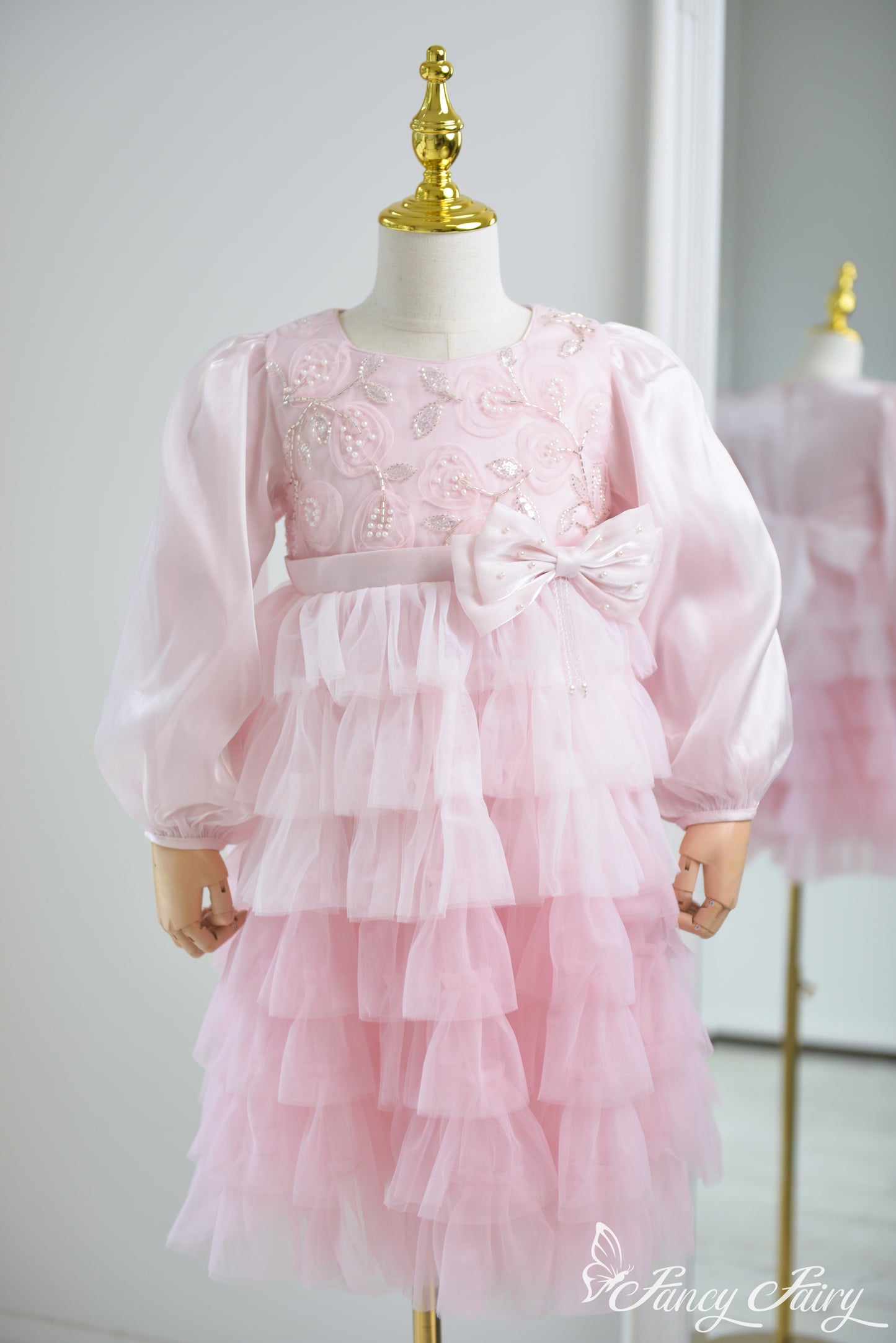 Light pink ruffle dress for girls with layered tulle skirt, floral embroidery, and satin bow – Fancy Fairy