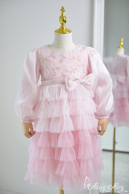 Light pink ruffle dress for girls with layered tulle skirt, floral embroidery, and satin bow – Fancy Fairy