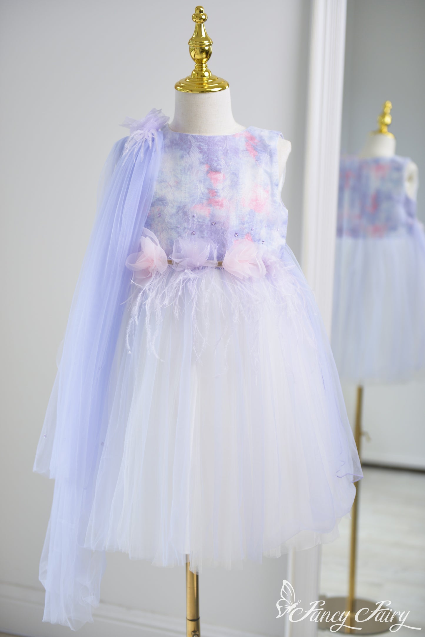 Front view of purple fairy dress with watercolor effect bodice, floral waist, and tulle veil – Fancy Fairy