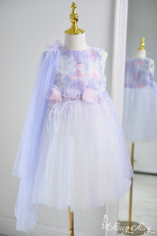 Front view of purple fairy dress with watercolor effect bodice, floral waist, and tulle veil – Fancy Fairy
