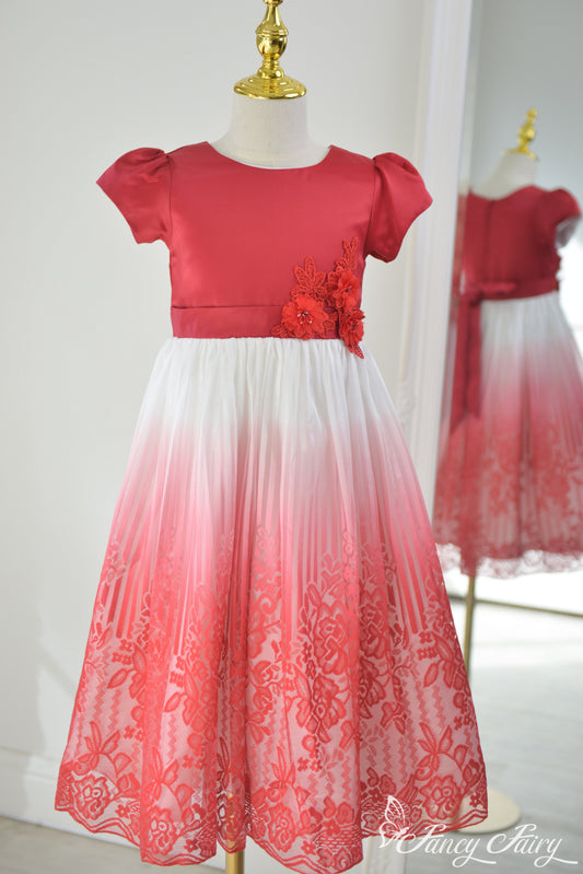 Front view of red ombre lace girls' dress with floral appliqués and gradient tulle skirt  - Fancy Fairy