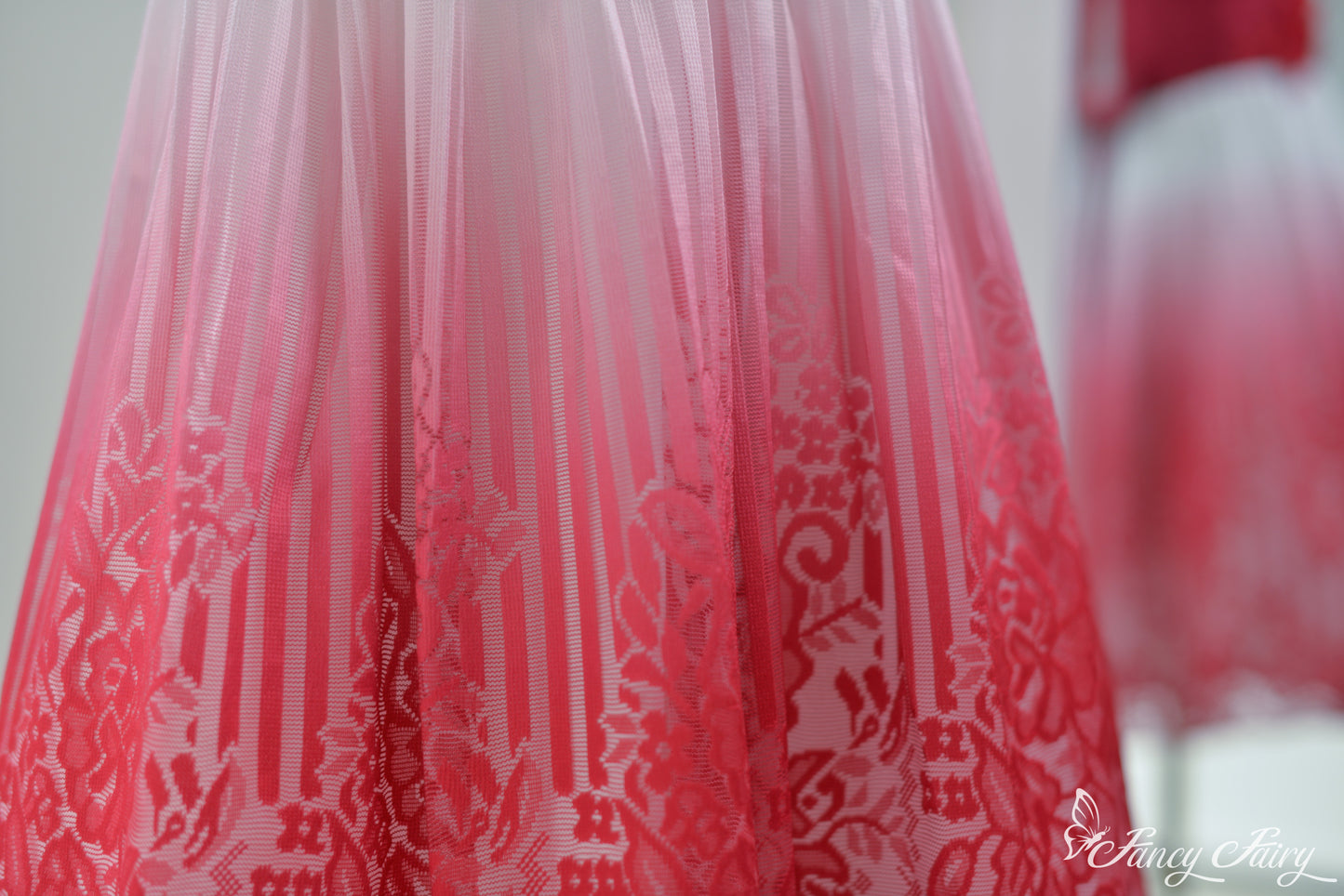 Zoom-in of layered lace patterns and gradient color transition.