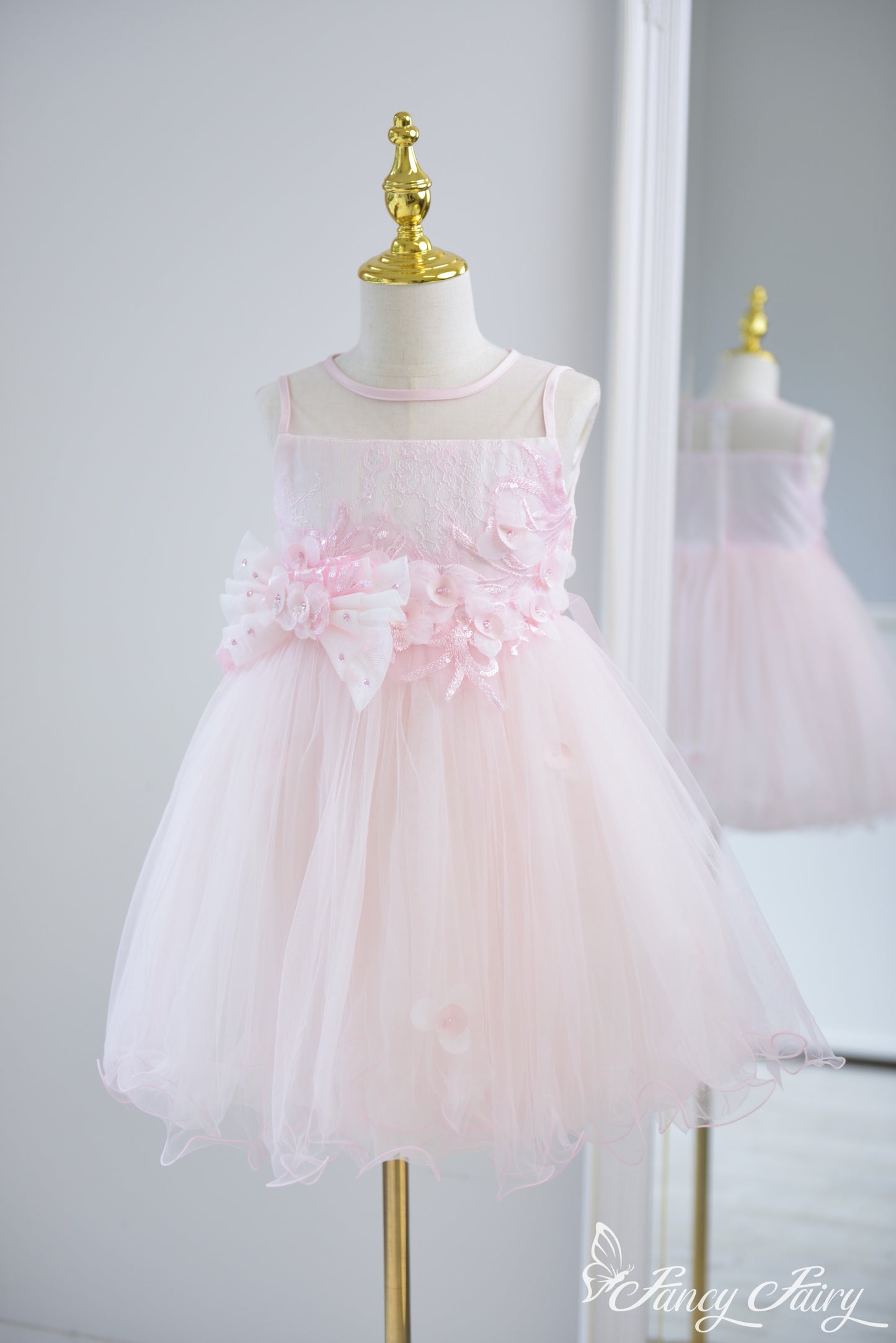 Full-length view of pink girls' dress with floral embroidery and double bow waist – Fancy Fairy