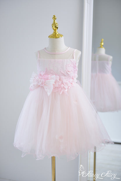 Full-length view of pink girls' dress with floral embroidery and double bow waist – Fancy Fairy